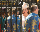 The Duchess of Cambridge leaves Westminster Abbey, in central London, following a service of celebration to mark the 60th anniversary of Queen Elizabeth II's coronation.