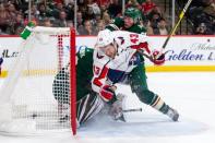 Nov 13, 2018; Saint Paul, MN, USA; Washington Capitals forward Tom Wilson (43)scores in the first period against Minnesota Wild goalie Devan Dubnyk (40) at Xcel Energy Center. Brad Rempel-USA TODAY Sports