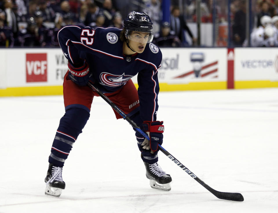 Columbus Blue Jackets forward Sonny Milano is seen against the Chicago Blackhawks during an NHL hockey game in Columbus, Ohio, Saturday, Oct. 20, 2018. The Blackhawks won 4-1. (AP Photo/Paul Vernon)