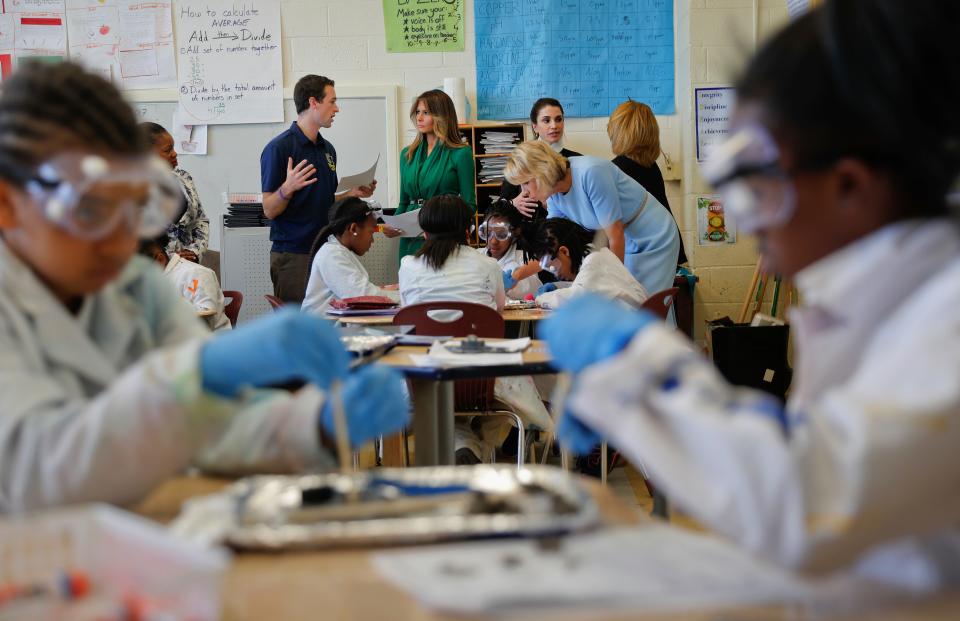 First lady Melania Trump, Queen Rania of Jordan and Education Secretary Betsy DeVos visit Excel Academy Public Charter school in Washington, Wednesday, April 5, 2017 - Credit: AP