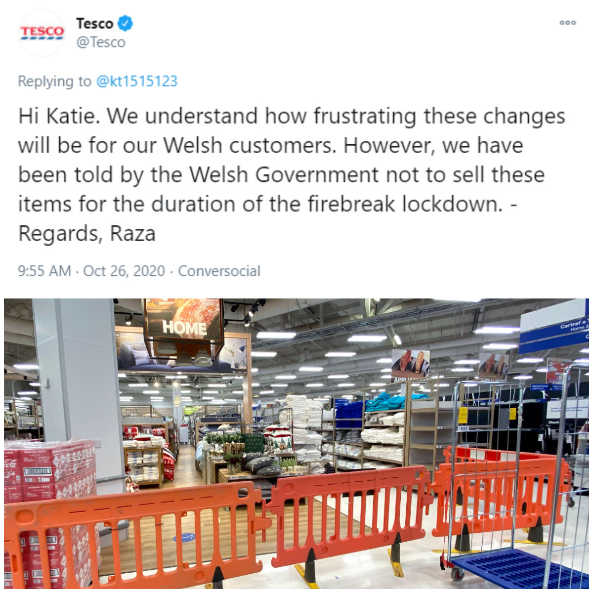 Tesco has apologised after it mistakenly prevented customers from buying sanitary products as part of new lockdown measures in Wales.