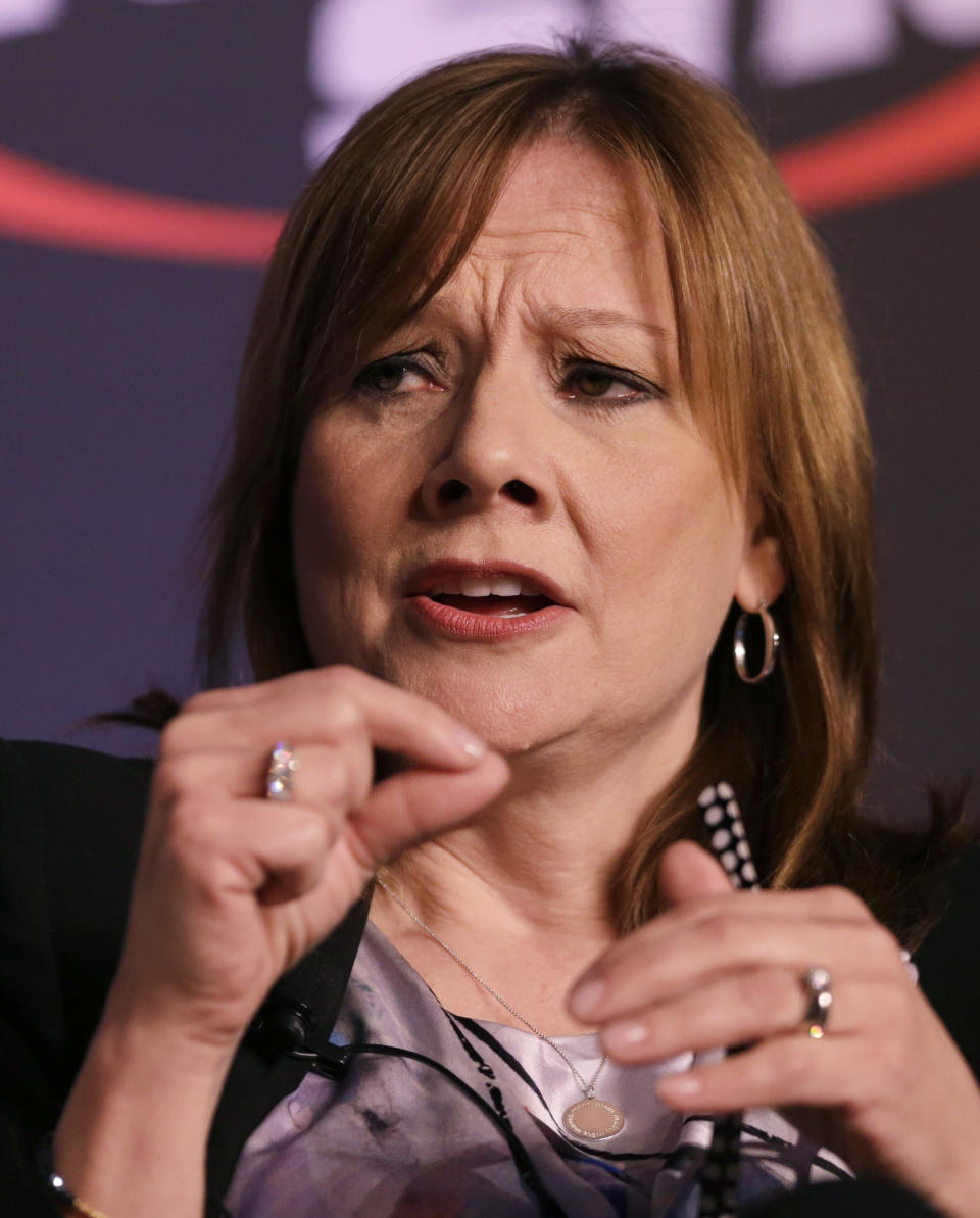 Mary Barra, CEO of General Motors, speaks at the 2014 Automotive Forum, Tuesday, April 15, 2014 in New York. The forum is sponsored by the National Automobile Dealers Association (NADA) and J.D. Power. (AP Photo/Mark Lennihan)