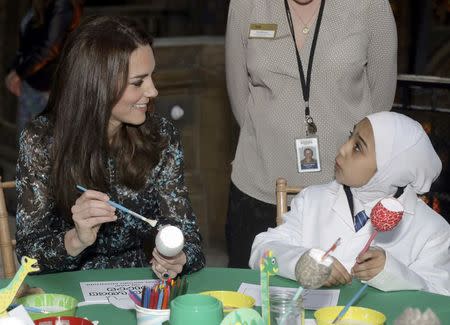 Britain's Catherine, Duchess of Cambridge makes a dinosaur egg whilst attending a children's tea party with pupils from Oakington Manor Primary School in Wembley, at the Natural History Museum in London, Britain November 22, 2016. REUTERS/Yui Mok/Pool