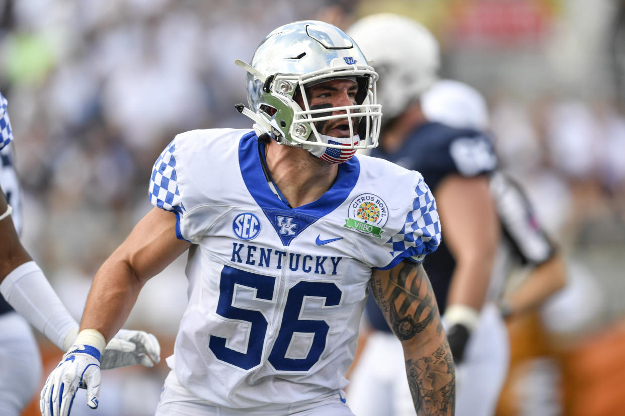 ORLANDO, FL - JANUARY 01: Kentucky linebacker Kash Daniel (56) celebrates his sack during the first half of the Citrus Bowl between the Kentucky Wildcats and the Penn State Nittany Lions on January 01, 2019, at Camping World Stadium in Orlando, FL. (Photo by Roy K. Miller/Icon Sportswire via Getty Images)