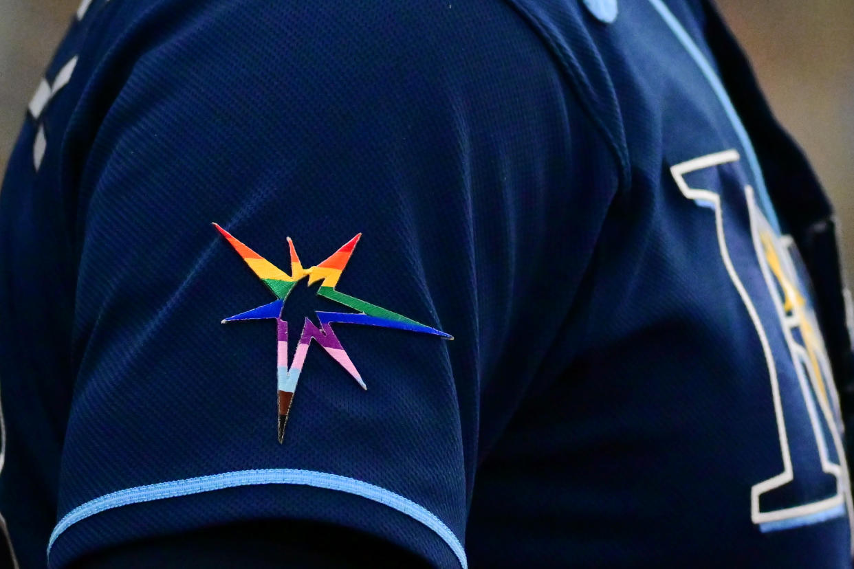 ST PETERSBURG, FLORIDA - JUNE 04: A detail of the Tampa Bay Rays pride burst logo celebrating Pride Month during a game against the Chicago White Sox at Tropicana Field on June 04, 2022 in St Petersburg, Florida. (Photo by Julio Aguilar/Getty Images)