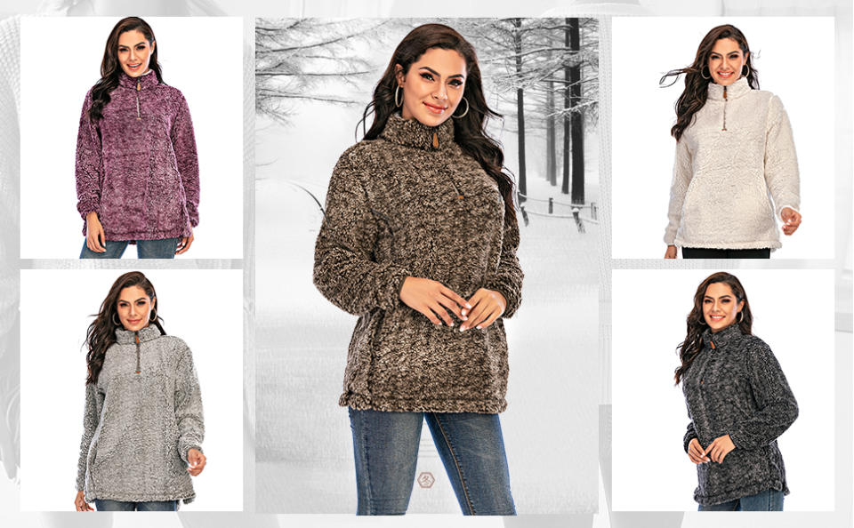 Les Umes Women's Sherpa Fuzzy Fleece Sweatshirt is Amazon Canada's best-selling fleece jacket and a comfy staple at just $40. Image via Amazon.