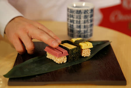 Nestle Japan's sushi-shaped KitKats for the upcoming Valentine's Day celebration are pictured at its Ginza store in Tokyo, Japan, February 2, 2017. REUTERS/Toru Hanai