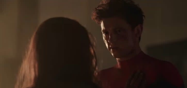 Peter talking to a female figure in "Spider-Man: No Way Home"