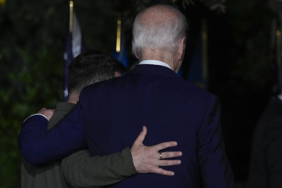 President Joe Biden and Ukrainian President Volodymyr Zelenskyy, left, leave after signing a bilateral security agreement on the sidelines of the G7, Thursday, June 13, 2024, in Savelletri, Italy. (AP Photo/Alex Brandon)