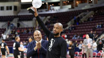 <p>Lorenzo Brown accepts his G League MVP award. Brown averaged 18.8 points and 8.9 assists during the 2017-18 season, leading the 905 to a second straight finals appearance. Yahoo Sports confirmed after the game that the Toronto Raptors plan to sign Brown for the remainder of the NBA season. (Photo courtesy: Trung Ho) </p>