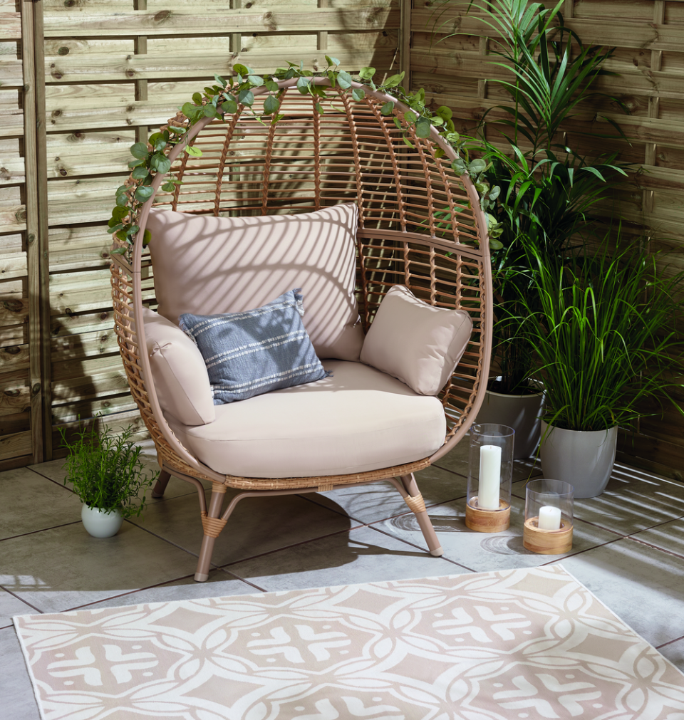 <p>Get comfy in this cocooning rattan <a href="https://www.housebeautiful.com/uk/garden/g35548498/hanging-egg-chair/" rel="nofollow noopener" target="_blank" data-ylk="slk:egg chair;elm:context_link;itc:0;sec:content-canvas" class="link ">egg chair</a>. Made from a natural rattan finish, this freestanding chair comes complete with cosy cushions for ultimate relaxation. Now all we need is a little sunshine...</p><p><a class="link " href="https://www.tesco.com/groceries/en-GB/buylists/mrs_hinch/mrs-hinch" rel="nofollow noopener" target="_blank" data-ylk="slk:SHOP THE RANGE;elm:context_link;itc:0;sec:content-canvas">SHOP THE RANGE</a></p>