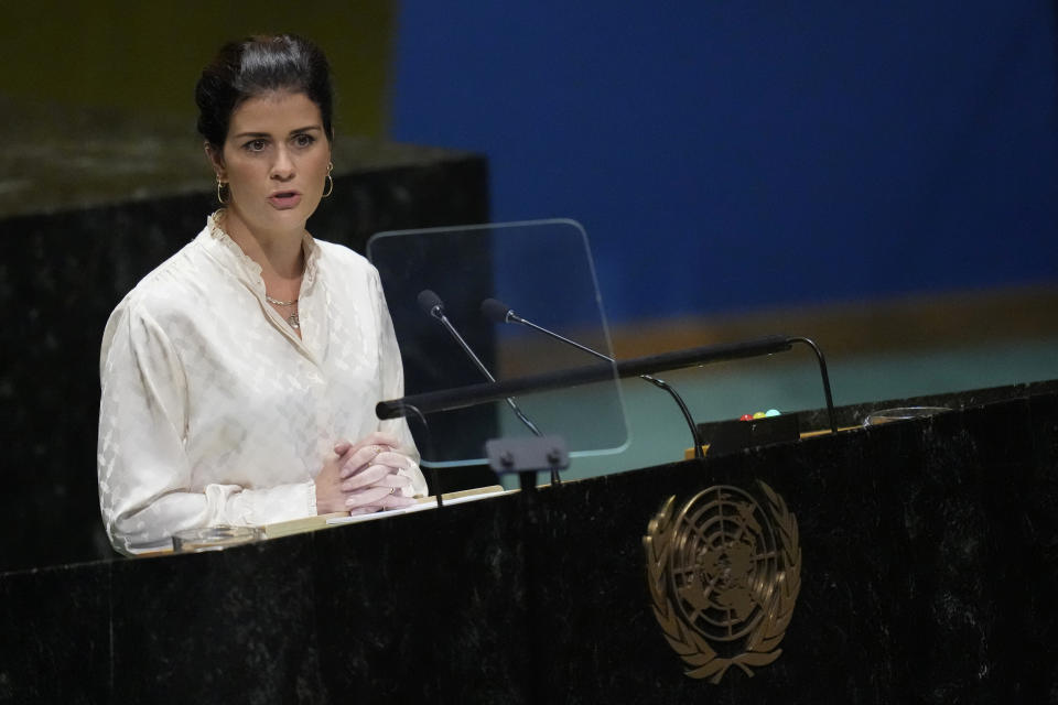 Iceland's Foreign Minister Thordis Kolbrun Reykfjord Gylfadottir addresses the 78th session of the United Nations General Assembly, Saturday, Sept. 23, 2023 at United Nations headquarters. (AP Photo/Mary Altaffer)