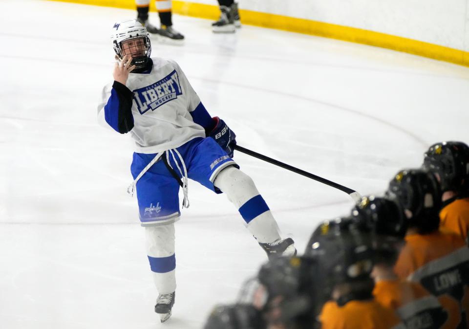 Andrew Leonard of Olentangy Liberty celebrates a goal during the Division I district final against Upper Arlington.