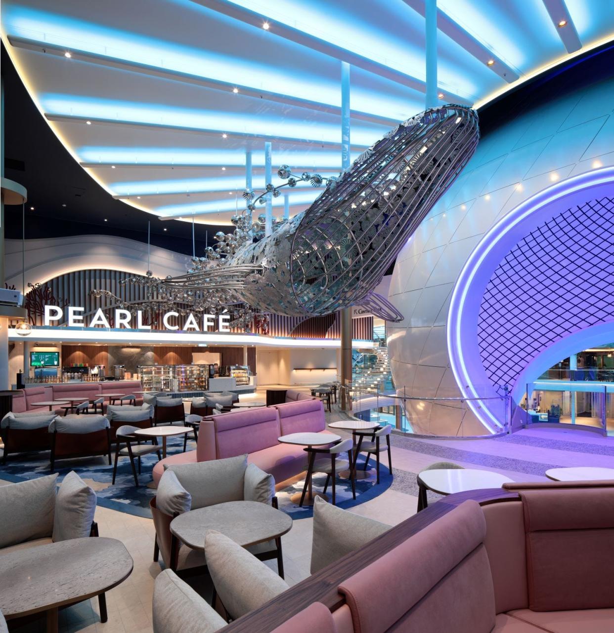 Pearl Cafe is located near The Pearl on Deck 6, underneath a massive whale sculpture.