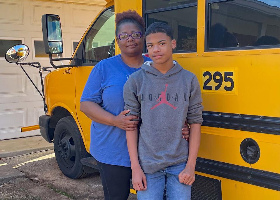 “Just lay off the horn,” Karns-area school bus driver Talya Zuo asks. Zuo drives a short school bus for Sims Bus Lines/Hensley Bus Lines. She took the job to be at home more with her son KaMyron Reynolds. Oct. 24, 2023.