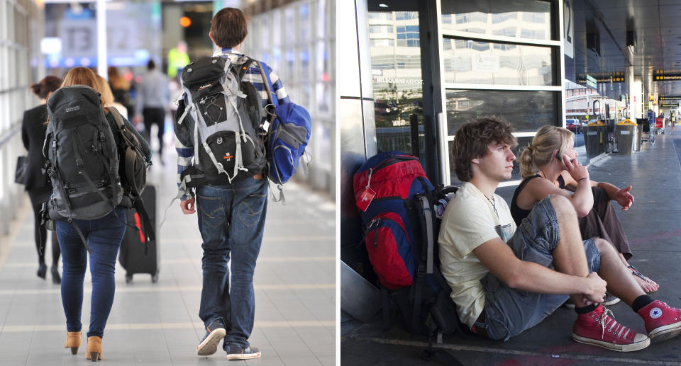 Backpackers at the airport (left) and sitting on the ground (right)