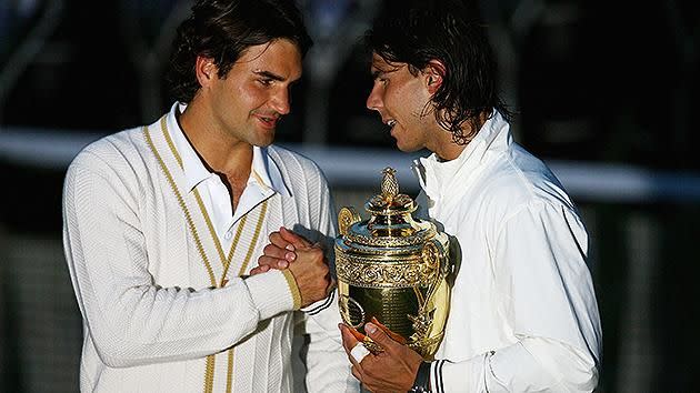 Nadal embraces Federer after their 2008 Wimbledon epic. Pic: Getty