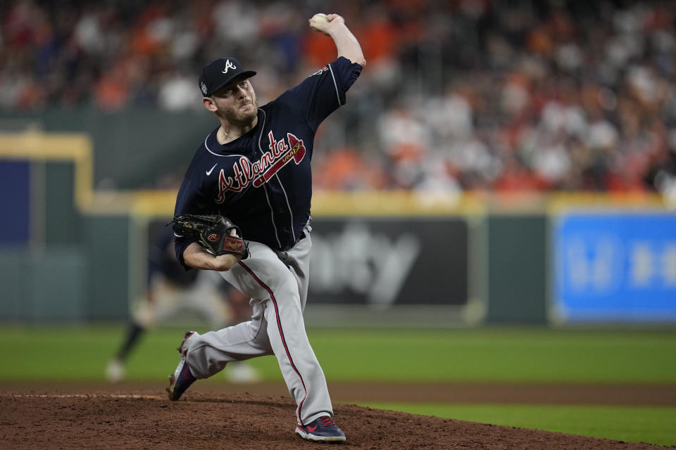 Atlanta Braves relief pitcher Tyler Matzek throws during the eighth inning of Game 1 in baseball's World Series between the Houston Astros and the Atlanta Braves Tuesday, Oct. 26, 2021, in Houston. (AP Photo/Ashley Landis)