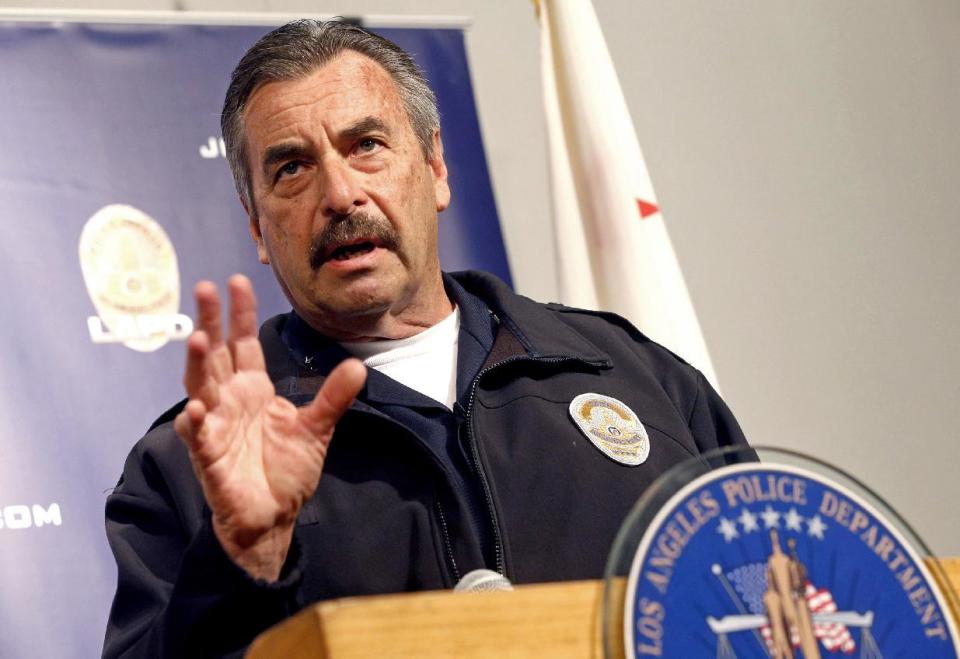 FILE - In this Feb. 6, 2017 file photo, Los Angeles Police Chief Charlie Beck speaks at a news conference in Los Angeles, Beck said Tuesday, March 21, 2017, that reports of sexual assault and domestic violence by Latino residents have dropped amid concerns that those in the country illegally could face deportation if they interact with police. He said that sexual assault reports have dropped 25 percent and domestic violence reports have fallen 10 percent among the city's Latino population since the beginning of the year. (AP Photo/Nick Ut, File)