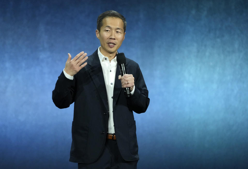 Lee Isaac Chung, director of the upcoming film "Twisters," discusses the film during the Universal Pictures and Focus Features presentation at CinemaCon 2024, Wednesday, April 10, 2024, at Caesars Palace in Las Vegas. (AP Photo/Chris Pizzello)