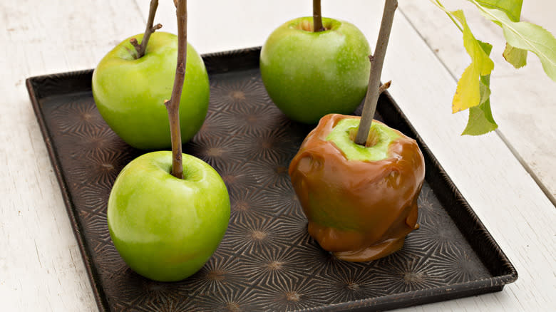 Apples on metal tray