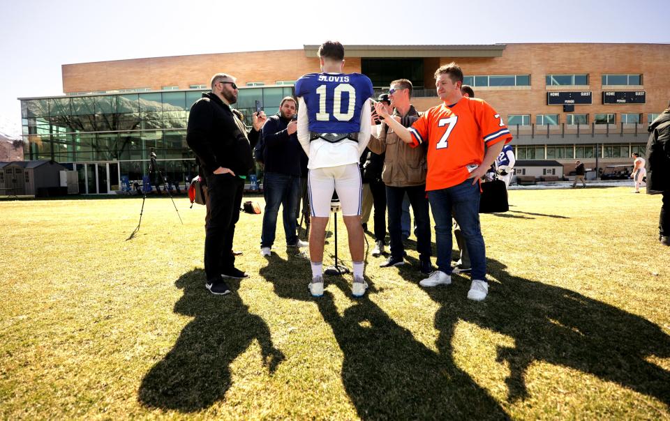 Quarterback Kedon Slovis talks with media after the BYU Cougars football team practiced in Provo on Friday, March 17, 2023. | Scott G Winterton, Deseret News