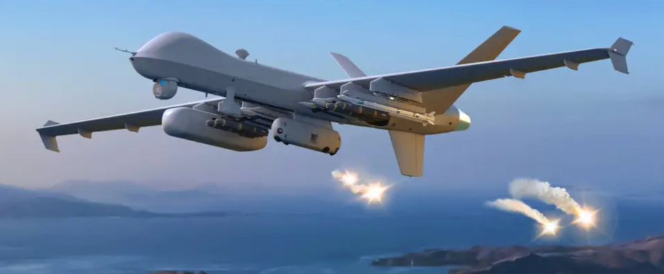 Concept artwork of an MQ-9 Reaper equipped with the self-defense pod and armed with an AIM-9X Sidewinder missile, as well as other weapons and stores., <em>GA-ASI</em><br>
