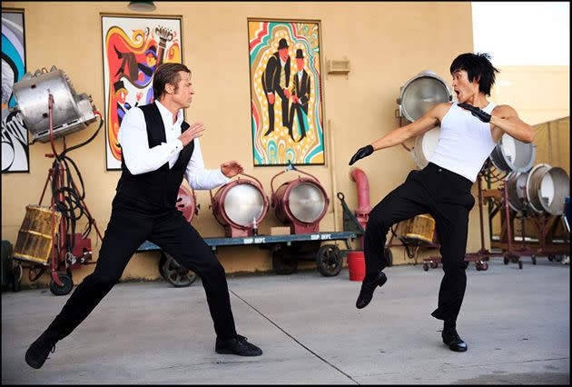 Cliff Booth (Brad Pitt) fighting Bruce Lee (Mike Moh) in Quentin Tarantino's 