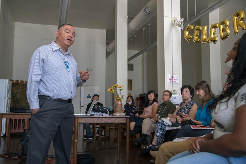 Samuel "Sammy" Nunez, former director of Fathers & Families of San Joaquin, gives a presentation in July 2018. Nunez appeared in court on May 26, 2023 as a judge and attorneys arranged jury selection and other proceedings in the run-up to his trial on child sex abuse charges.