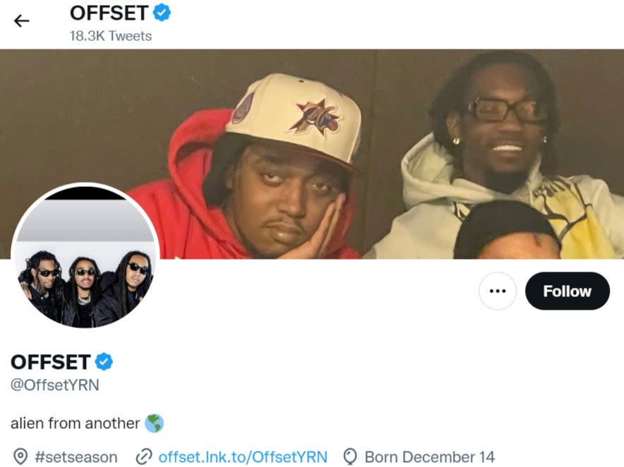 Offset has changed his Twitter profile picture and header to feature Takeoff (Offset / Twitter)