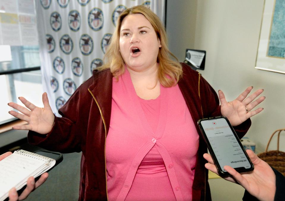 Liz Brown-Reeves, a delegate for President Joe Biden, answers reporter questions at the Illinois State Board of Elections in Springfield on Thursday, the first day Democrat and Republican presidential candidates could file for the March 19 primary.