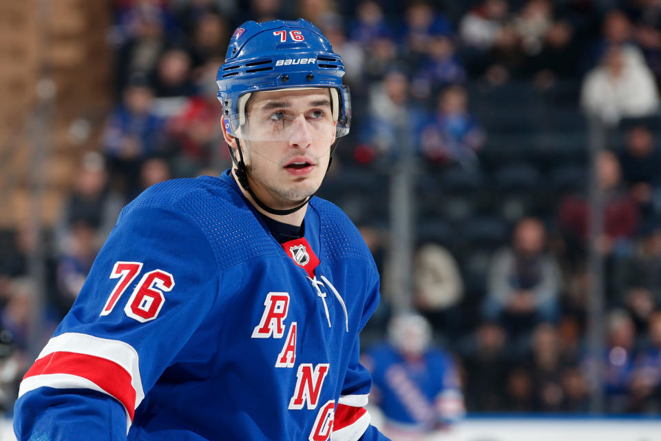 NEW YORK, NY - FEBRUARY 09:  Brady Skjei #76 of the New York Rangers skates against the Los Angeles Kings at Madison Square Garden on February 9, 2020 in New York City. (Photo by Jared Silber/NHLI via Getty Images)