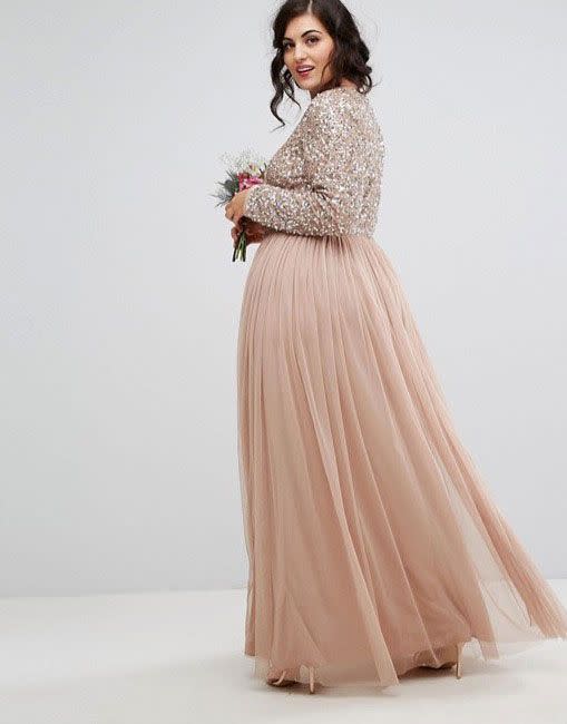 <p><a rel="nofollow noopener" href="http://www.asos.com/maya-plus/maya-plus-long-sleeved-maxi-dress-with-delicate-sequin-and-tulle-skirt/prd/8616486?clr=taupeblush&SearchQuery=&cid=15493&gridcolumn=4&gridrow=6&gridsize=4&pge=1&pgesize=72&totalstyles=24" target="_blank" data-ylk="slk:Buy now;elm:context_link;itc:0;sec:content-canvas" class="link ">Buy now</a> Maya Plus Long Sleeved Maxi Dress, Asos.com, sizes 18-28, £90</p>