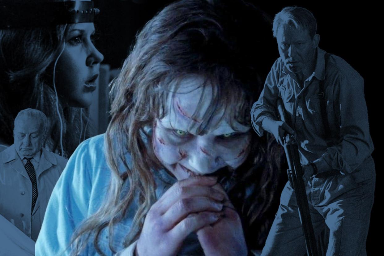 A collage shows an older George C. Scott looking concerned in a raincoat, a teen Linda Blair wearing a mysterious studded leather headband, Stellan Skarsgard in midcentury outdoor gear hauling around a shotgun, and, at center, a possessed young Regan (Linda Blair) smiling wide.