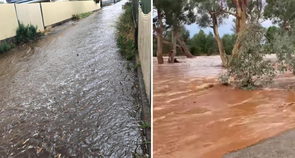 There was flooding in Broken Hill (left) while a creek broke its boundary in Silverton (right). Source: Twitter/KirstiMiller30 