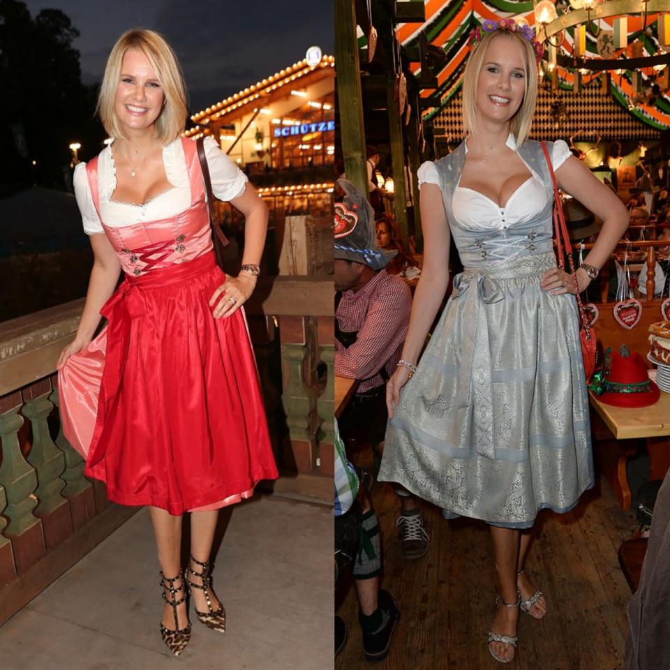 Auch nach zwei Schwangerschaften sieht Model Monica Meier Ivancan exakt so aus wie vor 3 Jahren auf der Wiesn 2013 (r.). Sogar Frisur und Pose stimmen überein. (Bilder: Getty Images)