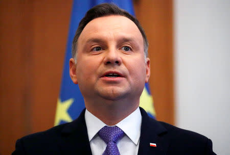 FILE PHOTO: Polish President Andrzej Duda holds a news conference in Berlin, Germany, October 23, 2018. REUTERS/Fabrizio Bensch/File Photo