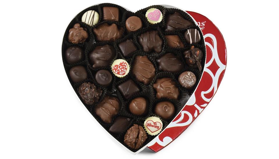 Heart-shaped chocolate box for sale at Kilwins.