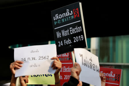 Activist and university students gather to demand the first election in Thailand since the military seized power in a 2014 coup to be held on February 24 this year in Bangkok, Thailand January 6, 2019. REUTERS/Soe Zeya Tun