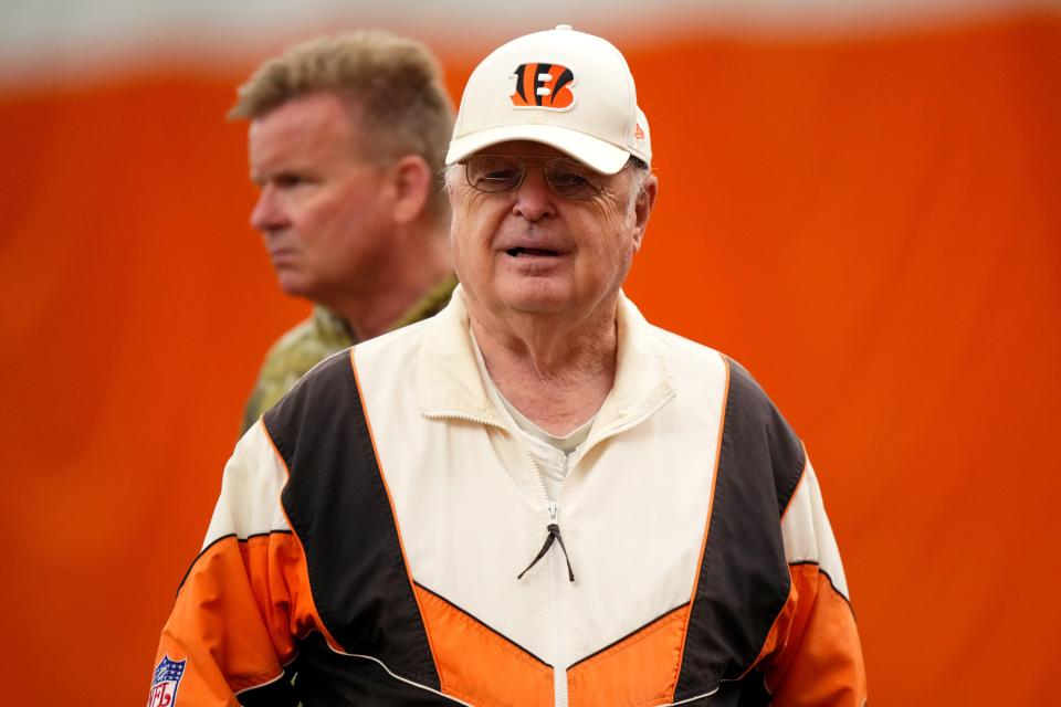 Cincinnati Bengals team President Mike Brown walks off the field at the conclusion of the team’s rookie mini camp, Friday, May 12, 2023, inside the team’s indoor practice bubble in Cincinnati. 