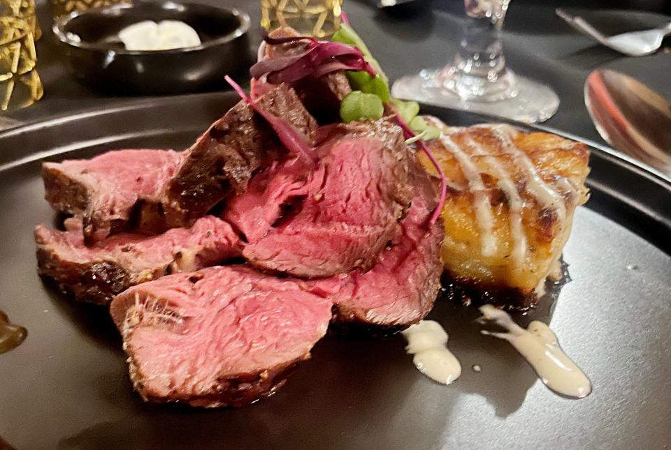 Ryan Gillespie was one of six chefs competing in the Spring session of the Golden Fork Society dinners hosted by the Prize Foundation. His seventh course was sliced beef with a demi glaze made with a cabernet reduction served with blue cheese scalloped potatoes with a cream sauce.