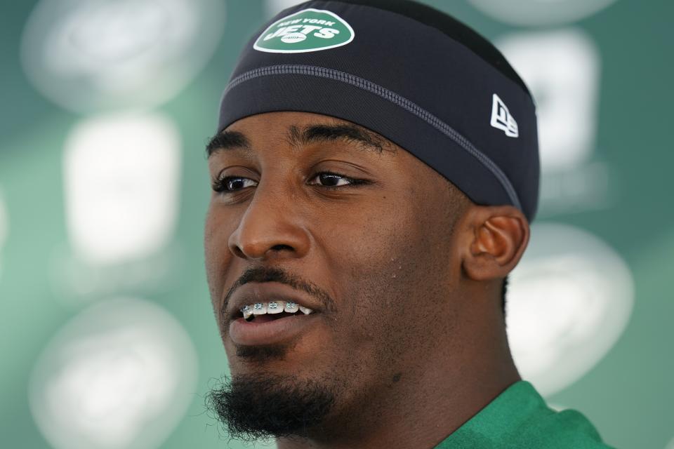 New York Jets' Breece Hall speaks during a news conference at the NFL football team's practice facility Saturday, July 30, 2022, in Florham Park, N.J. (AP Photo/Frank Franklin II)