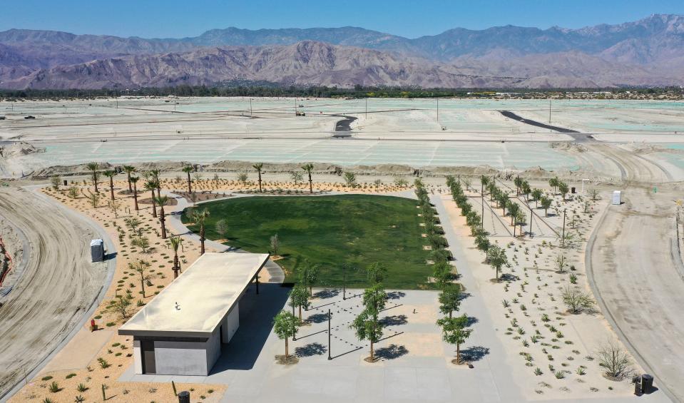 A structure and grassy area that have been built at Cotino in Rancho Mirage, seen Friday.
