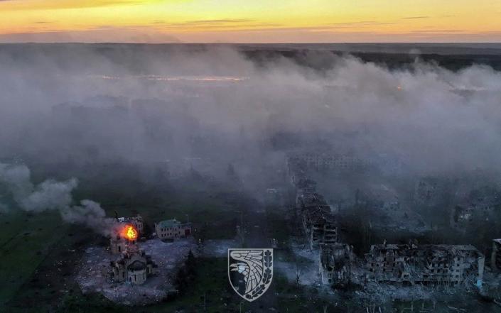 Aerial view showing the destruction of the frontline town of Bakhmut - UKRAINIAN ARMED FORCES via REUTERS