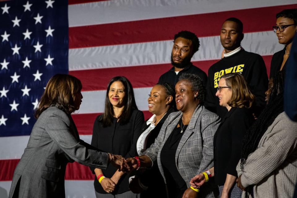 Vice President Kamala Harris on Feb. 22, 2023 greets attendees at an event at the Fine and Performing Arts Center at Bowie State University in Bowie, Maryland. (Kent Nishimura / Los Angeles Times via Getty Images)