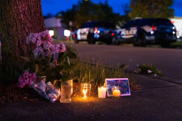 A small vigil is seen set up across the street from a Tops grocery store in Buffalo, New York, after a heavily armed 18-year-old white man entered the store in a predominantly Black neighborhood and shot 13 people, killing 10. (Photo: The Washington Post via Getty Images)