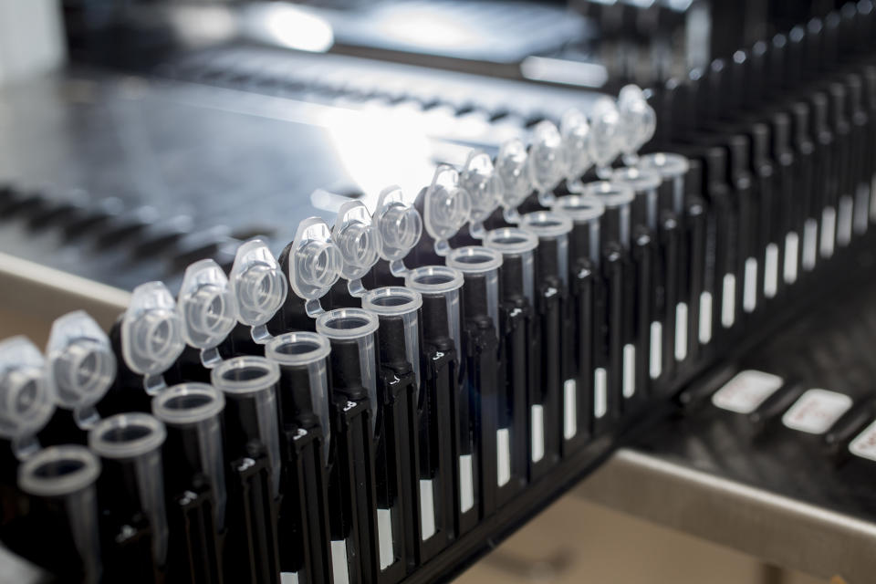 This Wednesday, July 22, 2020, photo provided by C2N Diagnostics shows equipment in a lab that analyzes blood samples at the company's facility in the Center for Emerging Technologies in St. Louis. C2N Diagnostics has started selling the first blood test to help diagnose Alzheimer’s disease, a leap for the field that could make it much easier for people to learn whether they have dementia. It also raises concern about the accuracy and impact of such life-altering news. (Jerry Naunheim Jr./C2N Diagnostics via AP)