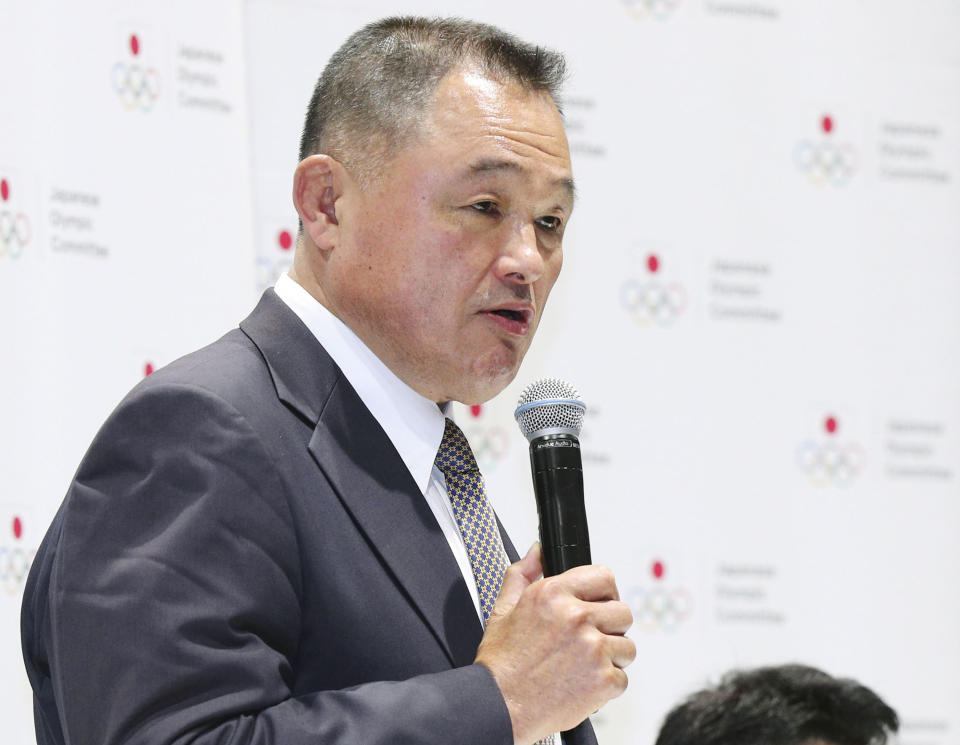 Former gold medalist Yasuhiro Yamashita speaks during a press conference in Tokyo, Thursday, June 27, 2019. Yamashita has been elected to lead the Japanese Olympic Committee, which is mired in a scandal that forced the former president to step aside in an alleged vote-buying scheme to land next year's Tokyo Games. (Kenzaburo Fukuhara/Kyodo News via AP)