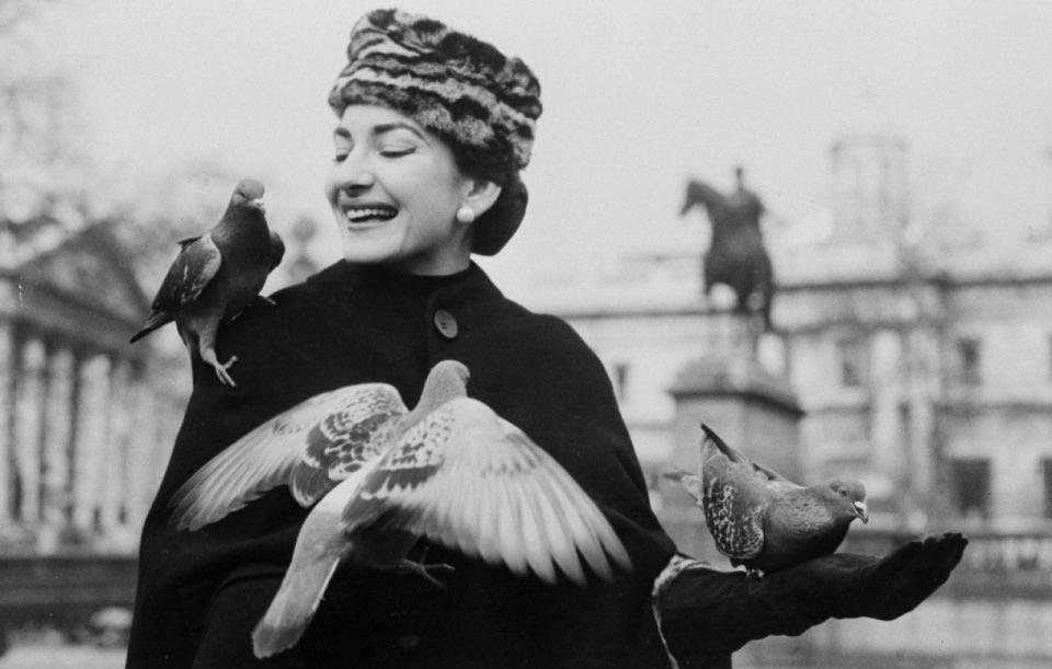Opera Soprano Maria Callas holds and feeds pigeons in Trafalgar Square, in London, Feb. 4, 1957.