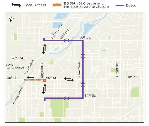 Road closure and detour map for Purple Line construction on 38th Street and Keystone Avenue.